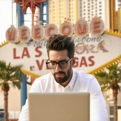 Maintaining Vegas Local SEO Business owner analyzing local SEO data on laptop with Las Vegas signs in background