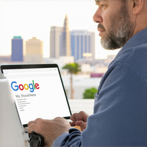 Optimizing Your GMB Profile in Las Vegas Person reviewing Google My Business listing on a laptop, with Las Vegas landmarks visible outside the window.