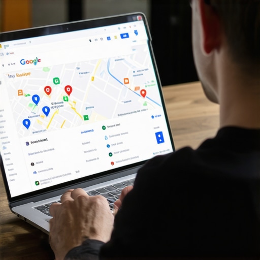 Business owner optimizing Google My Business profile on laptop with Google Maps on screen.