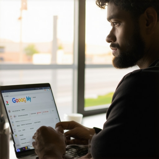 Optimizing Your Google Listing in Vegas Business owner managing Google My Business profile on a laptop with Las Vegas cityscape in background.