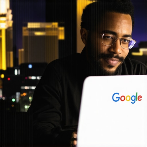 Business owner editing Google My Business listing on laptop with Vegas skyline behind.