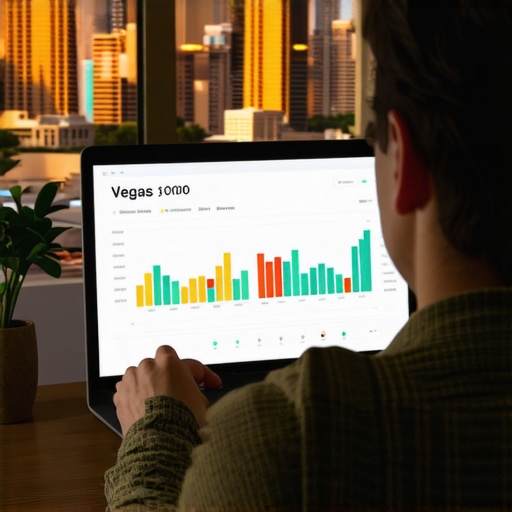 A professional analyzing SEO data on a computer with Vegas skyline behind.