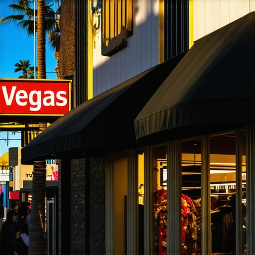 Vegas Business Active During Nighttime Brightly lit local shop in Las Vegas with active foot traffic during evening hours.