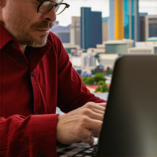 Business owner working on SEO metrics with Las Vegas skyline