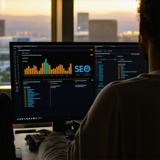 A digital marketing professional working on local SEO metrics with a Las Vegas skyline view.