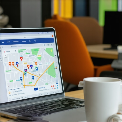 SEO Tools for Vegas Local Business Maintenance Laptop displaying SEO analytics and Google Maps data in a Vegas-themed office environment